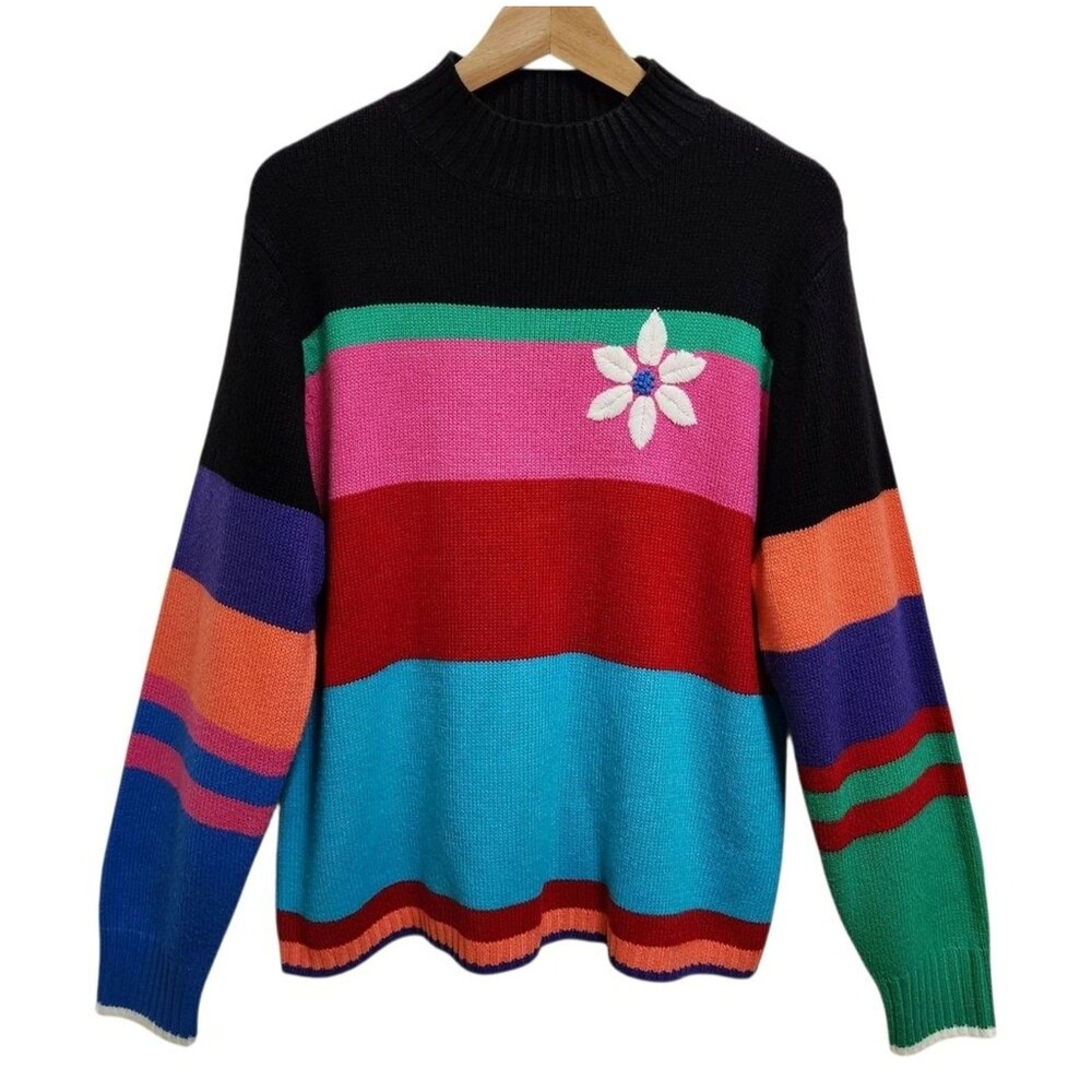 Sag Harbor Women L Multicolor Striped Embroidered Flower Crew Long Slv Sweater